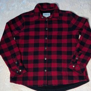 Orvis Women’s Red Black Buffalo Fleece Lined Shirt ‘Shacket’ Snap Side Pockets L